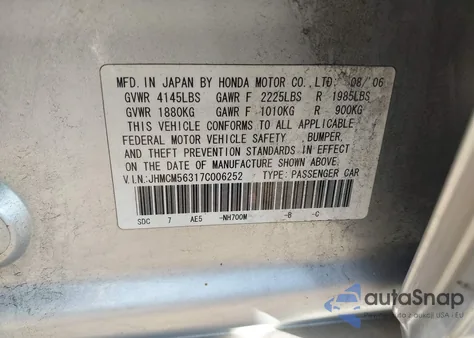 2007 Honda Accord 2.4 Se from USA, damaged, VIN JHMCM56317C006252